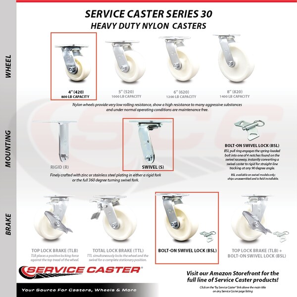 4 Inch Stainless Steel Nylon Caster Set With Roll Bearings 2 Swivel Lock 2 Rigid